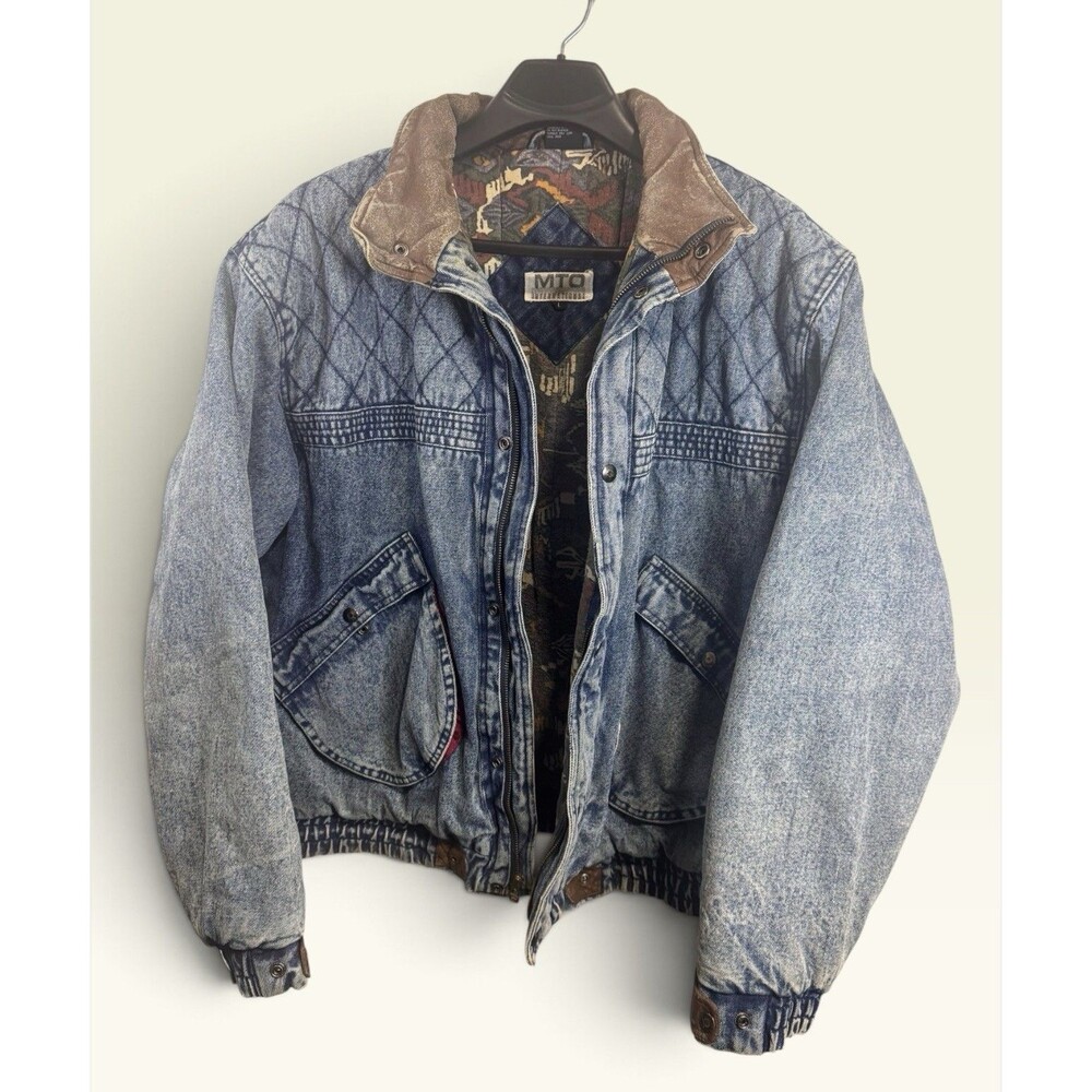 MTO Denim Bomber Jacket Mens L Acid Wash Quilted Brown Collar 90s Style